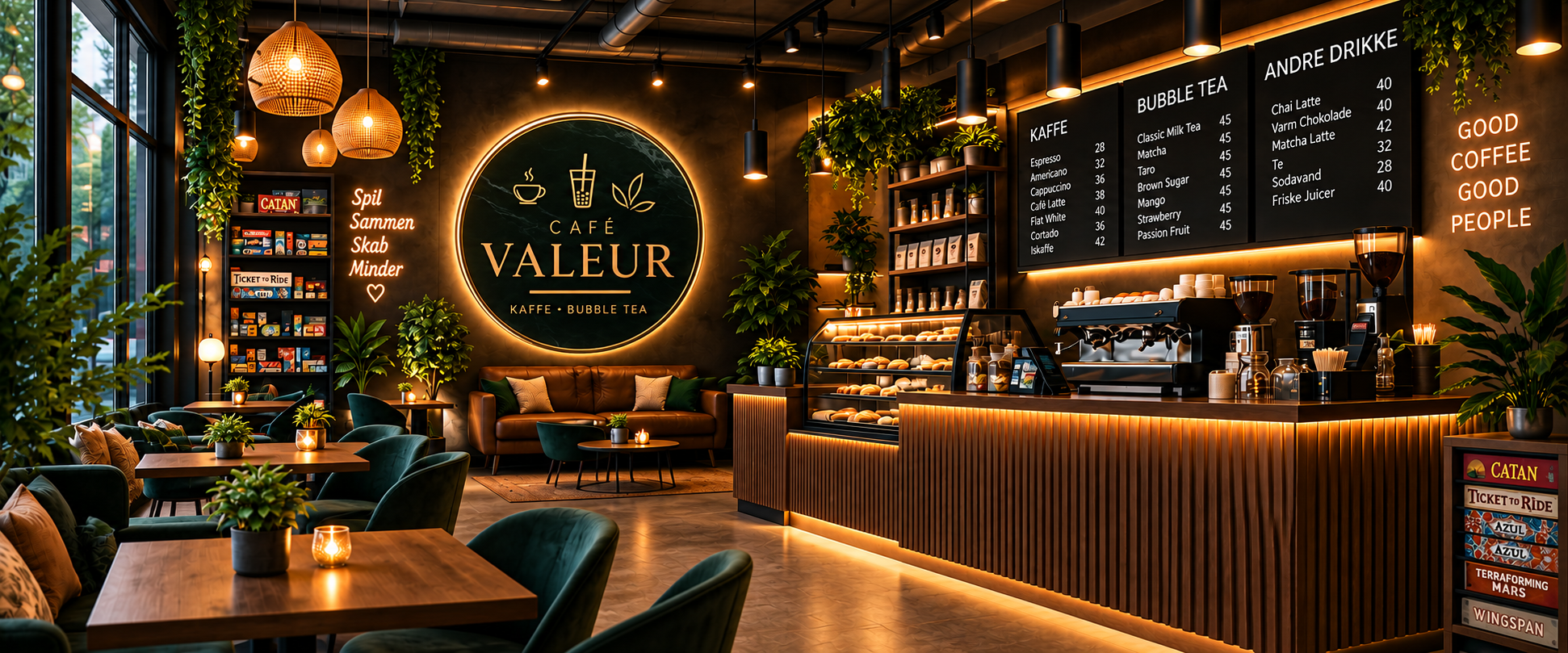 Visualisering af Café Valeur med grønne stole, træborde og varm belysning